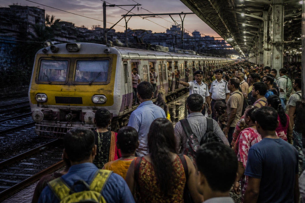 Kolkata local train at a suburban railway station in the Sealdah Division