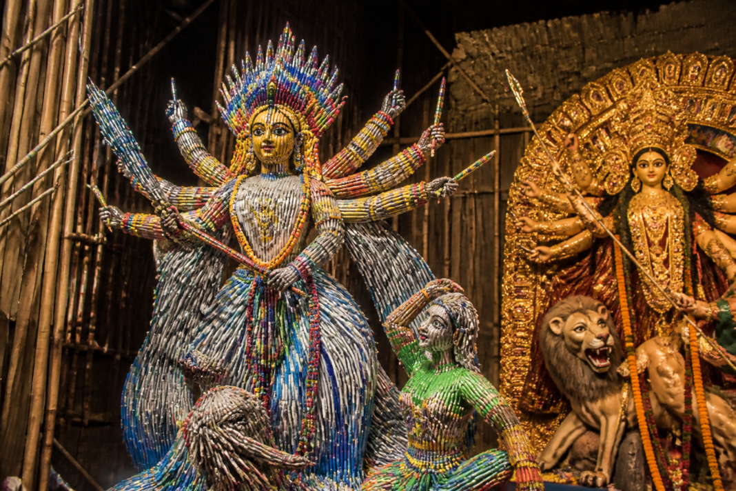 Recycled plastic Durga idol made from thousands of pens at Kolkata’s Tridhara Sammilani