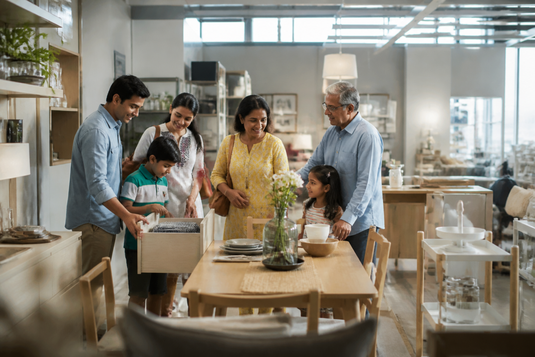IKEA India expansion represented by a family browsing furniture in a modern urban showroom