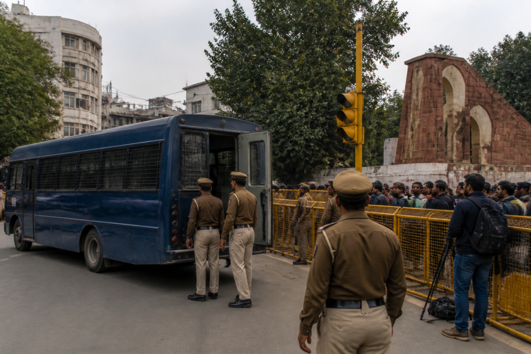 Police detention bus near Jantar Mantar after protest-site access was restricted
