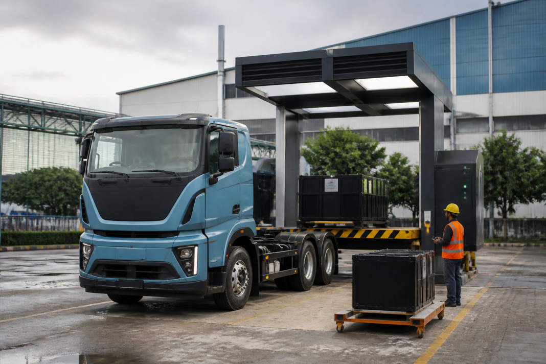 Electric freight truck and battery-swapping infrastructure at a Talegaon manufacturing facility