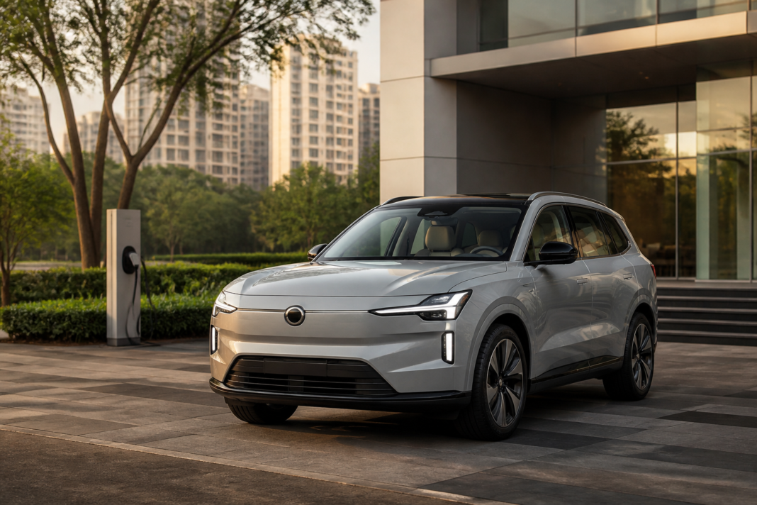Volvo EX90 India electric SUV displayed at a premium urban dealership