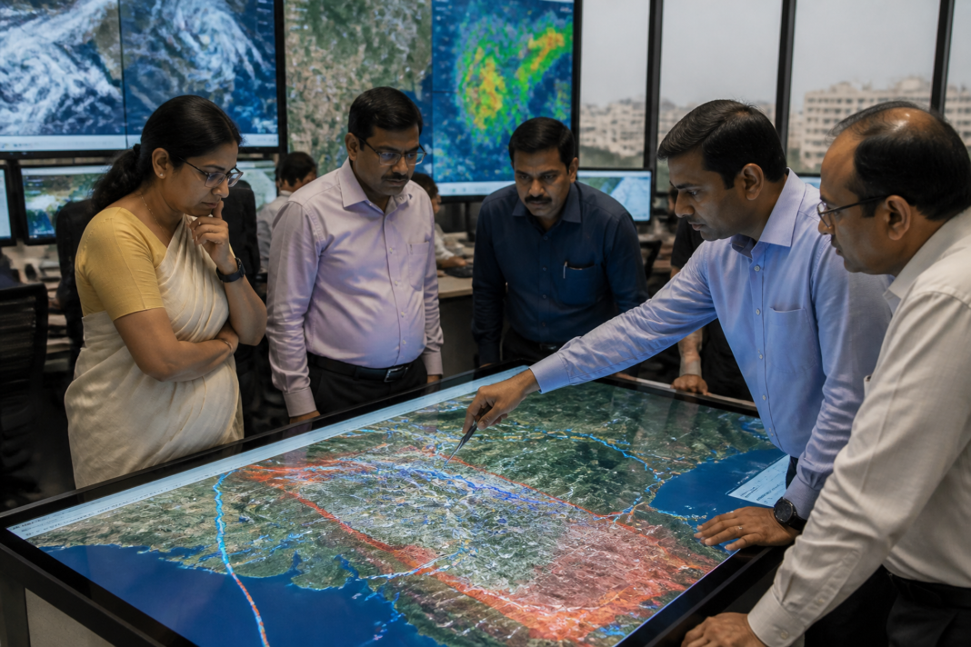 Karnataka disaster management officials reviewing an AI-based risk map for flood and landslide preparedness