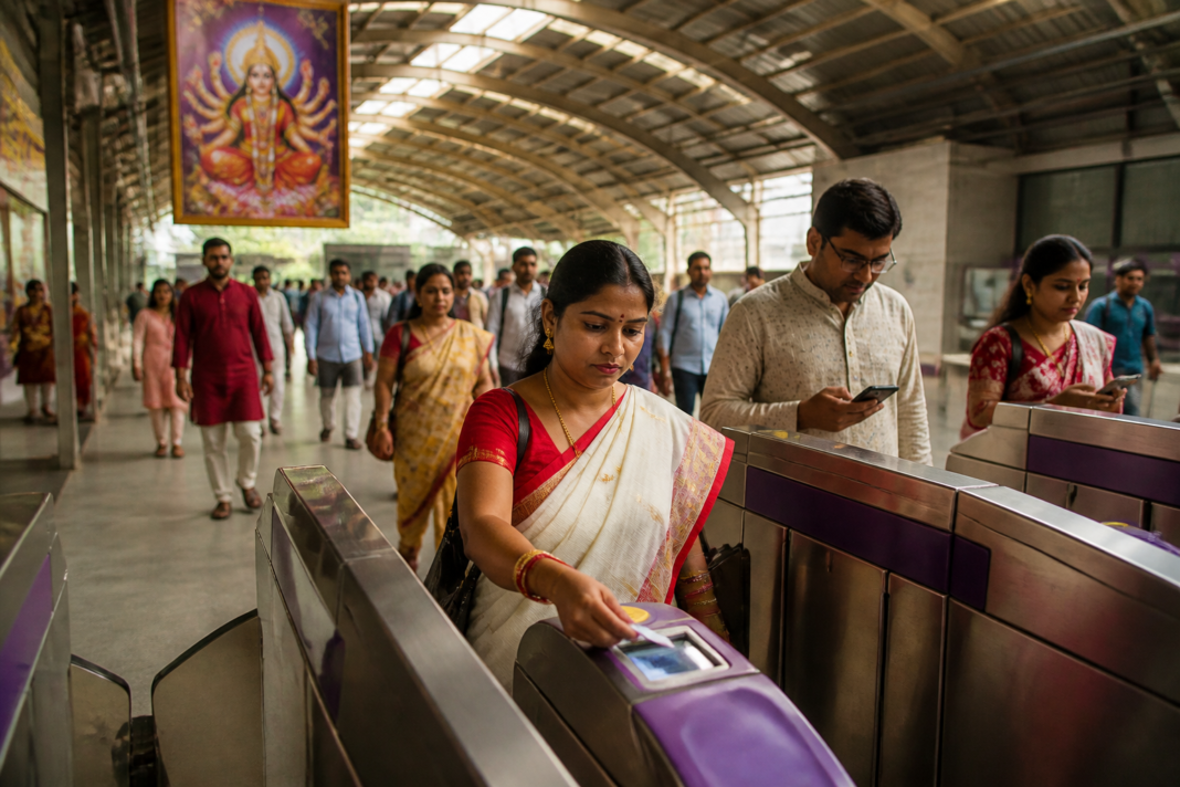Kolkata Metro ticketing at a busy station ahead of Durga Puja