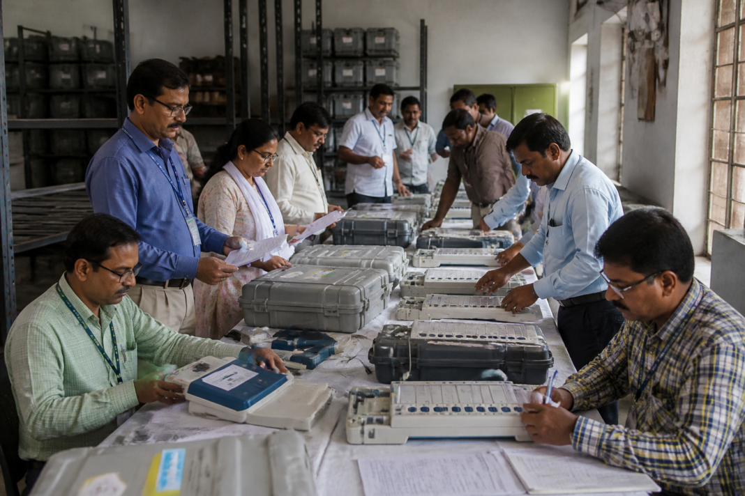 West Bengal municipal elections and EVM preparations at a polling facility