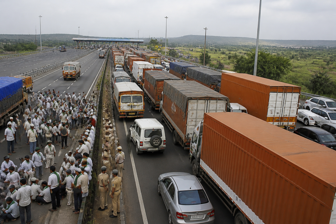 Traffic halted on the Mumbai-Bengaluru Highway near the Kognoli toll plaza during a farmers protest.