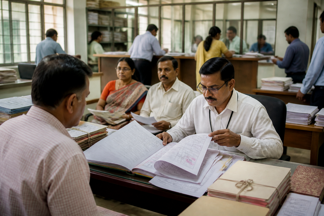 Maharashtra property registration documents being reviewed at a government registration office