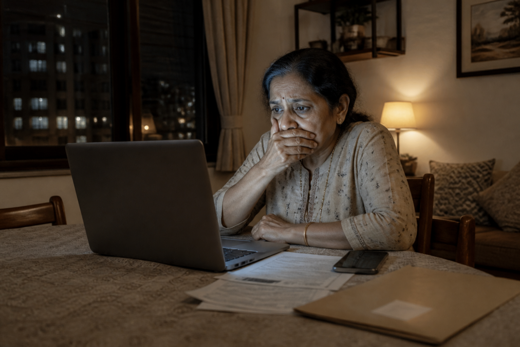 Pune digital arrest cyber fraud illustration showing an elderly woman facing a threatening video call