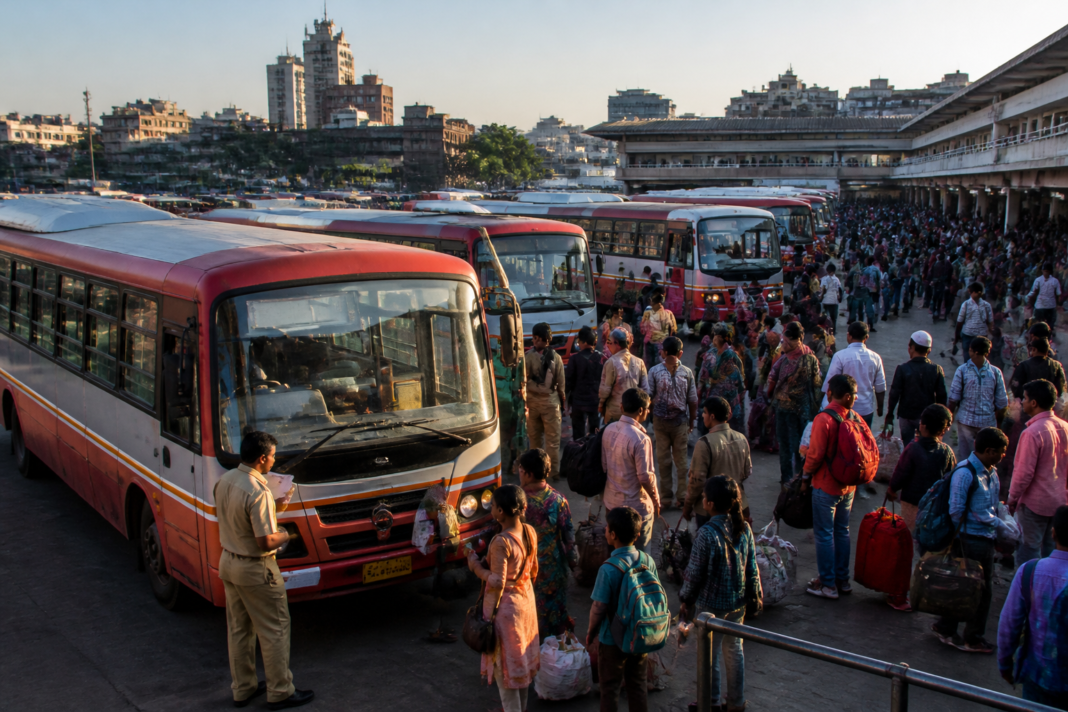 Pune ST buses at a crowded bus stand during the Diwali travel rush