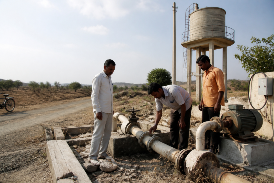 Maharashtra drought relief officials reviewing a rural water supply scheme