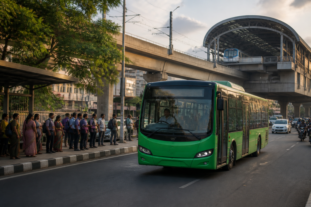 Chennai electric buses operating on a city road near Metro connectivity routes