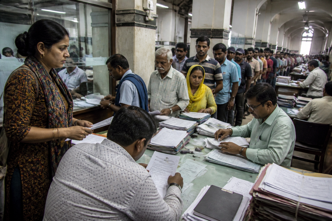 Kolkata birth certificate applicants waiting at a municipal civic services counter