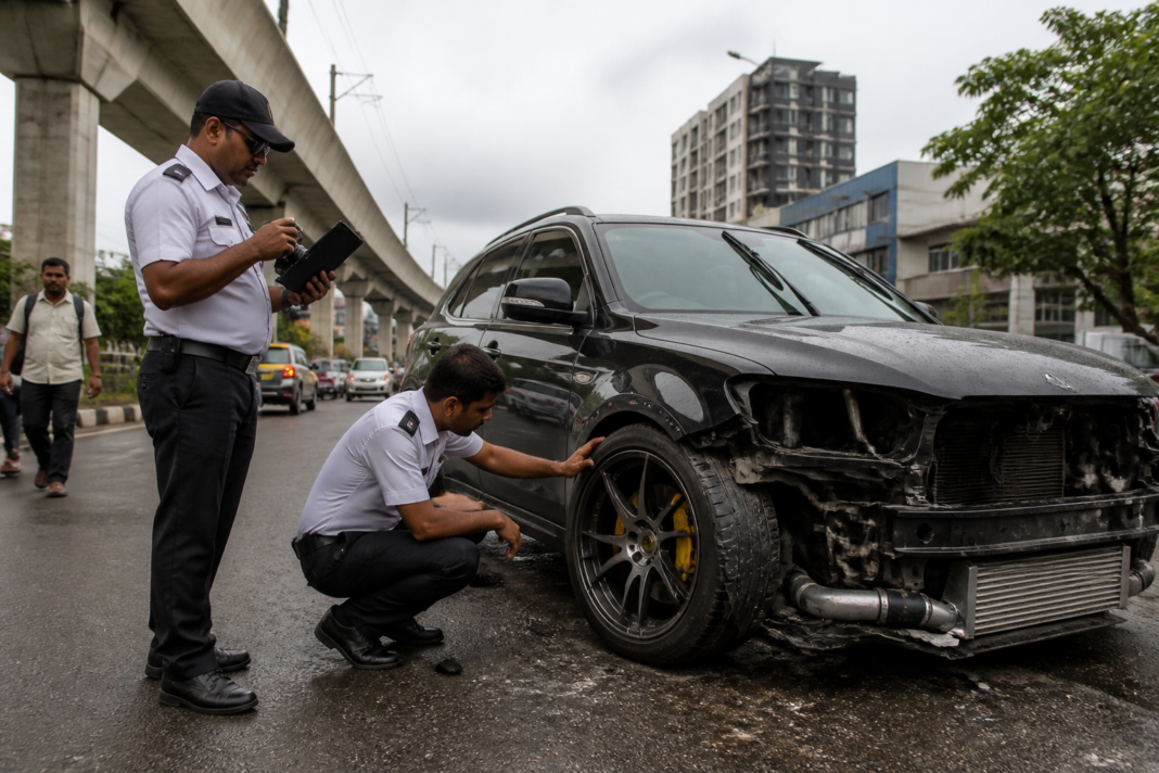 Illegal vehicle modifications Kerala documented during a vehicle inspection after a road accident