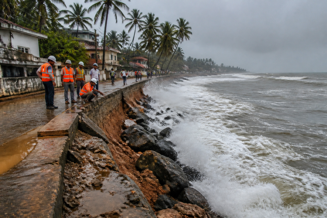 Seawall construction Kerala coast near Njarakkal and Nayarambalam facing coastal erosion