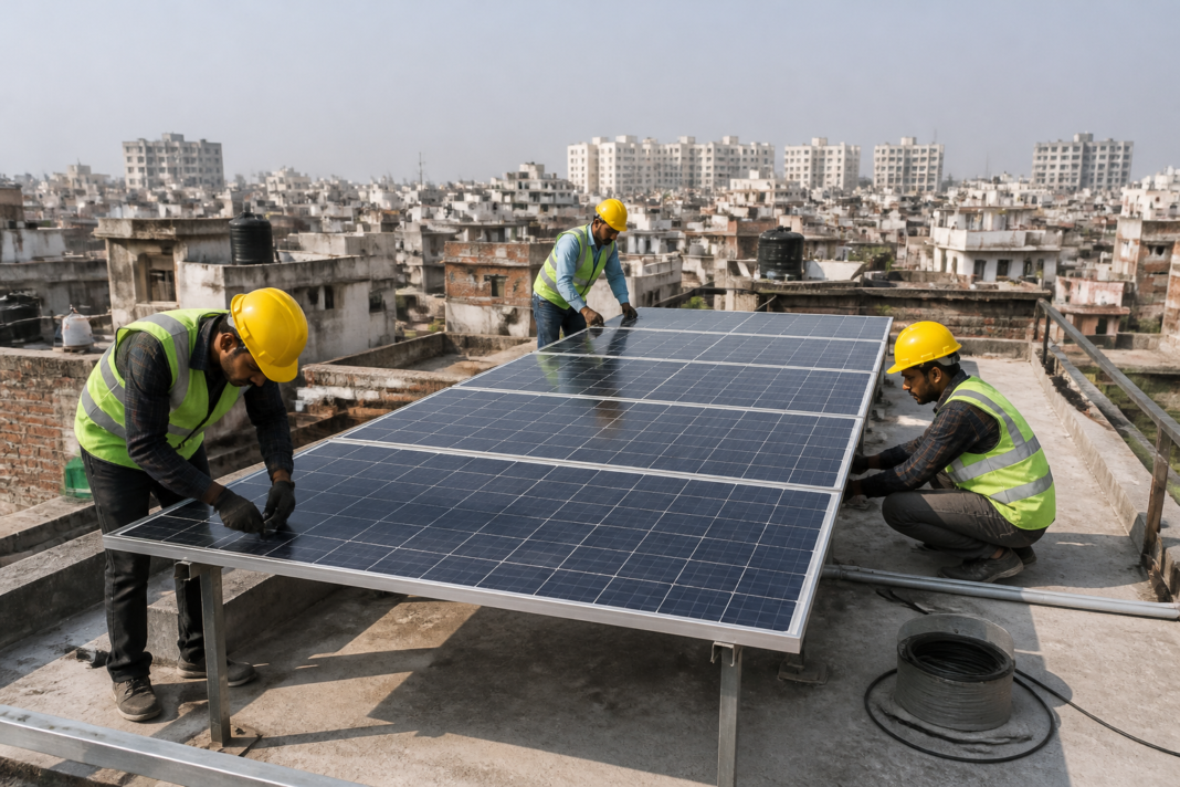 Delhi rooftop solar scheme panels installed on an urban home in the capital
