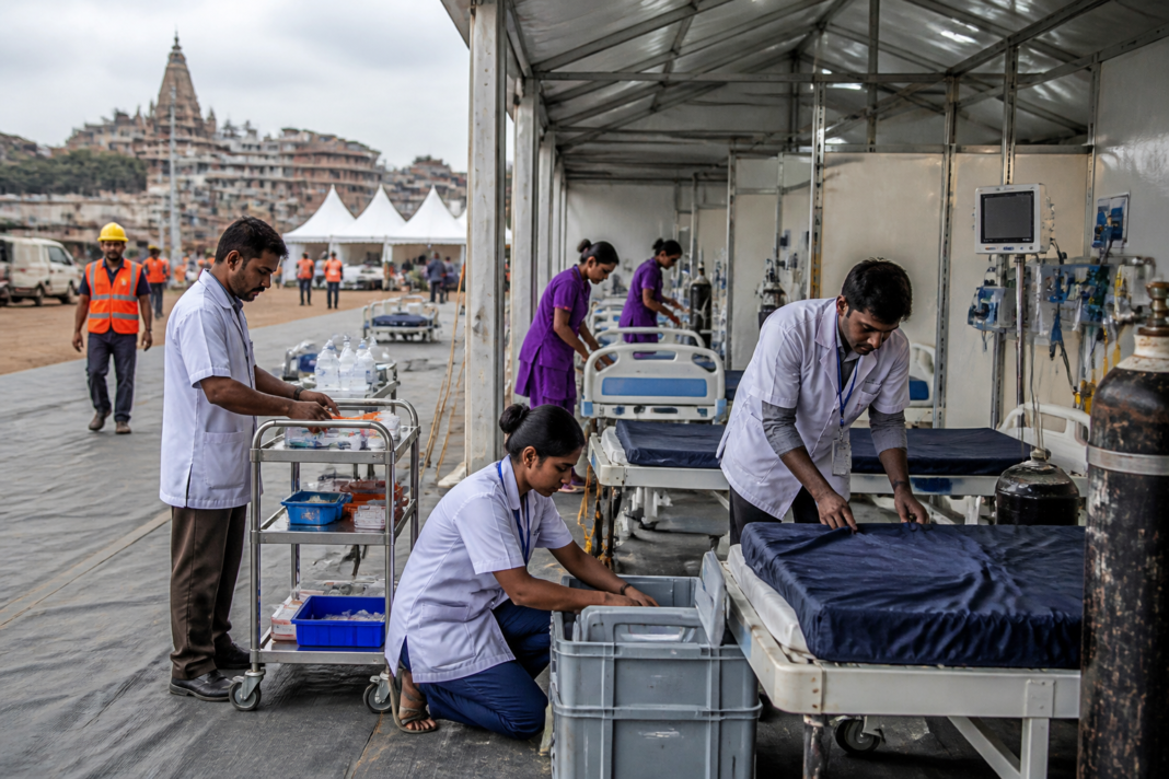 Nashik Kumbh healthcare workers preparing a temporary medical facility for pilgrims
