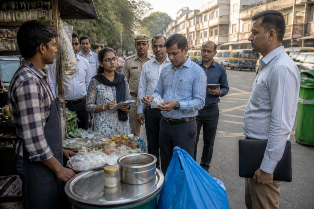 Ahmedabad plastic ban enforcement at a city roadside market with municipal officials inspecting stalls