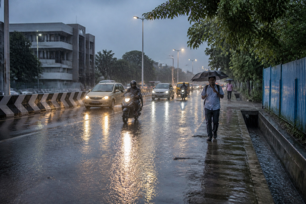 Tamil Nadu heavy rain falling over an urban road during the northeast monsoon