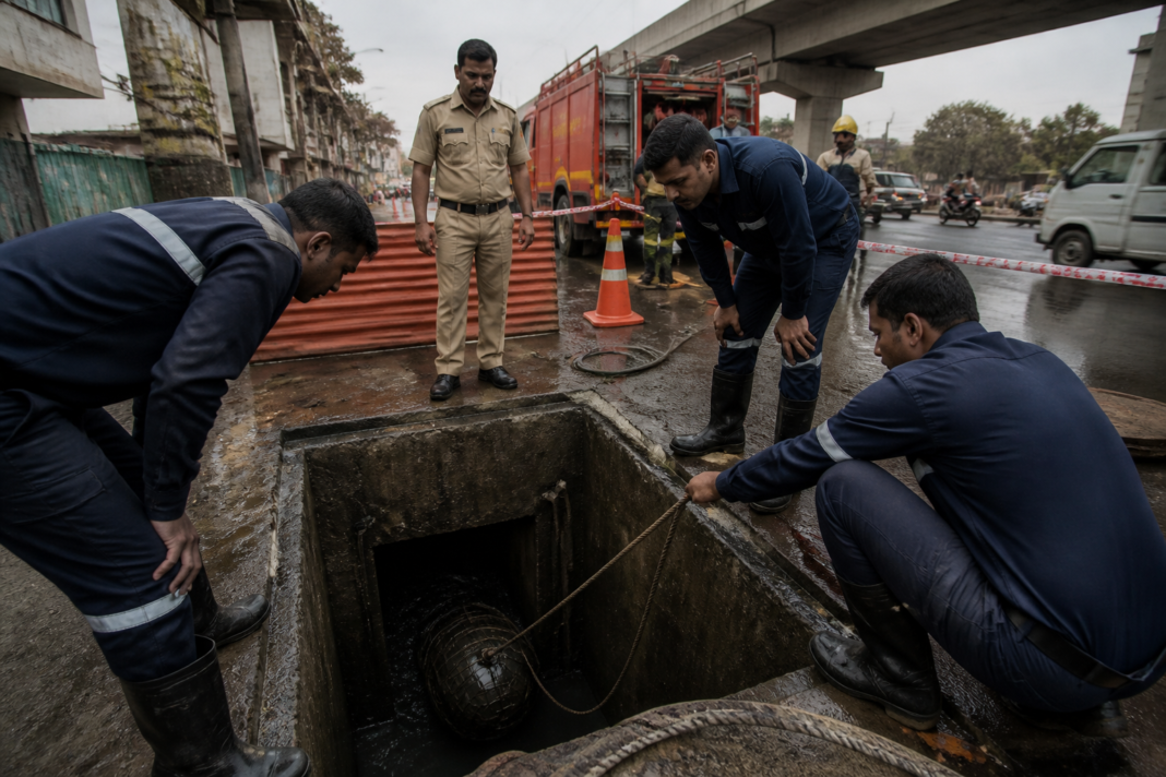 Ahmedabad drainage line search near a deep manhole on Narol-Pirana Road