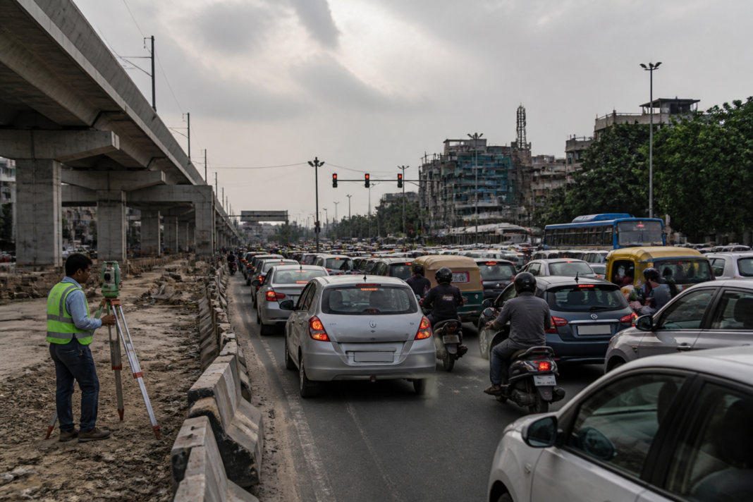 Mathura Road on the Ashram-Badarpur corridor with congested traffic and flyover construction planning