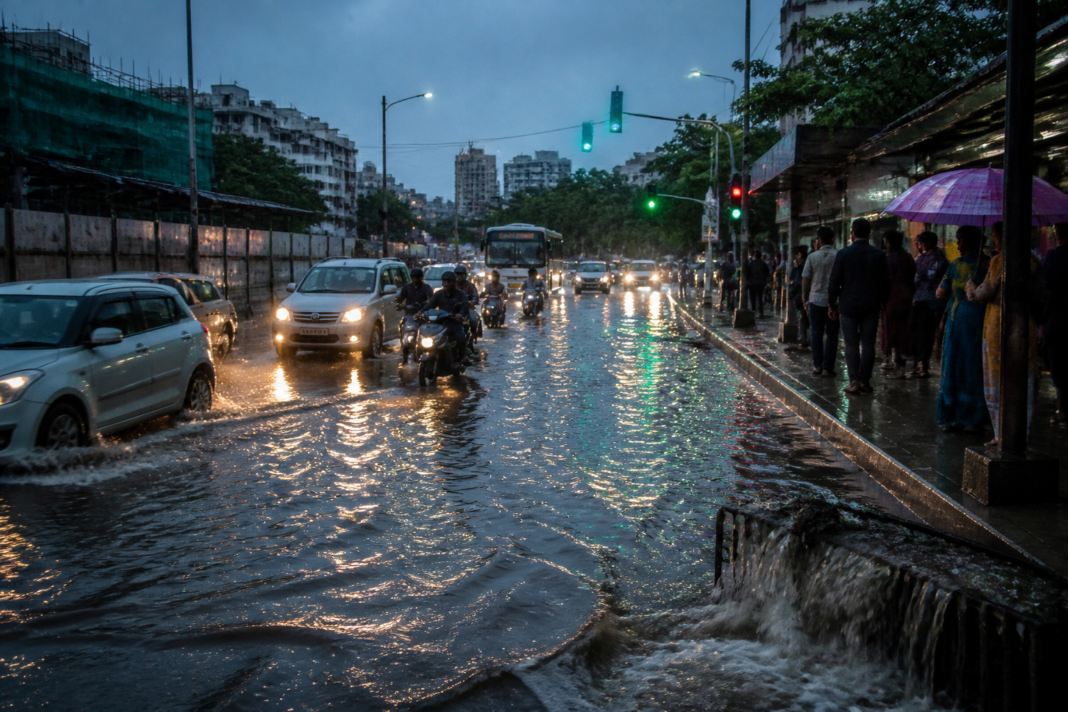 Bengaluru rain leaves an urban road waterlogged as vehicles move through traffic.