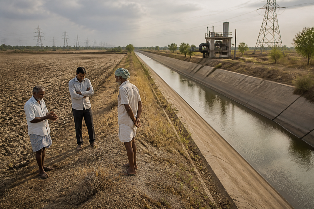 Telangana drought landscape with an irrigation canal, dry farmland and distant pumping infrastructure