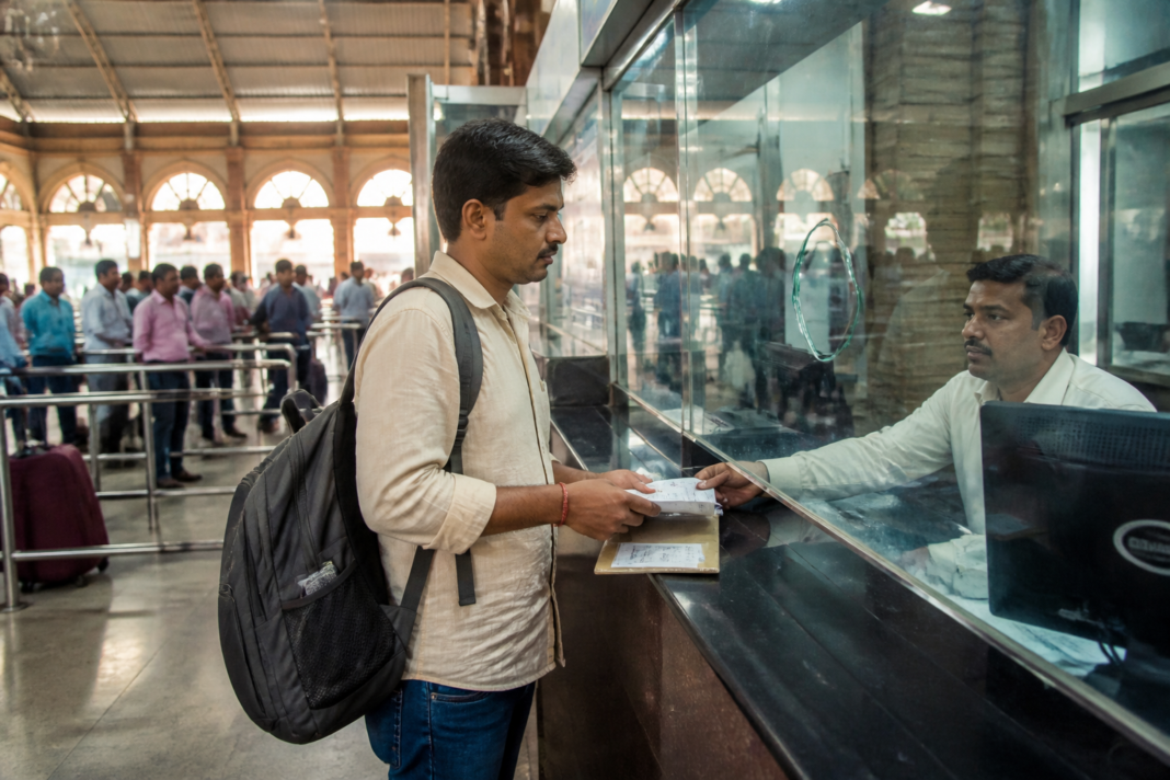 IRCTC travel insurance option shown with a railway passenger booking a train ticket