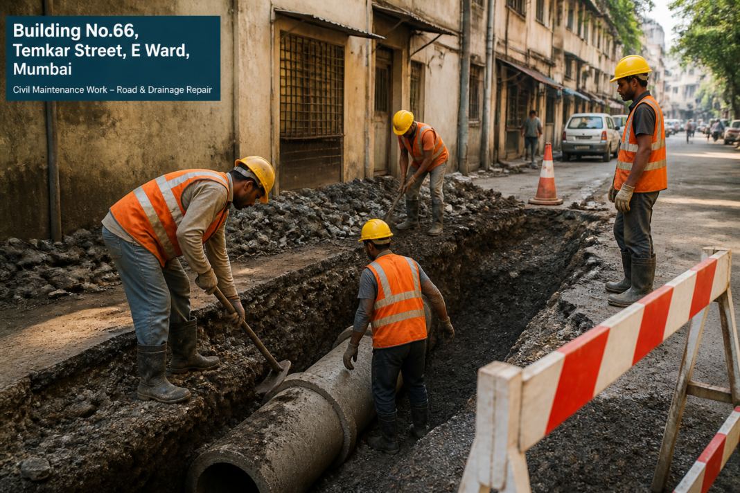 Civil works infrastructure maintenance at Building no.66 Temkar Street E Ward Mumbai, focused on pipeline and drainage lines