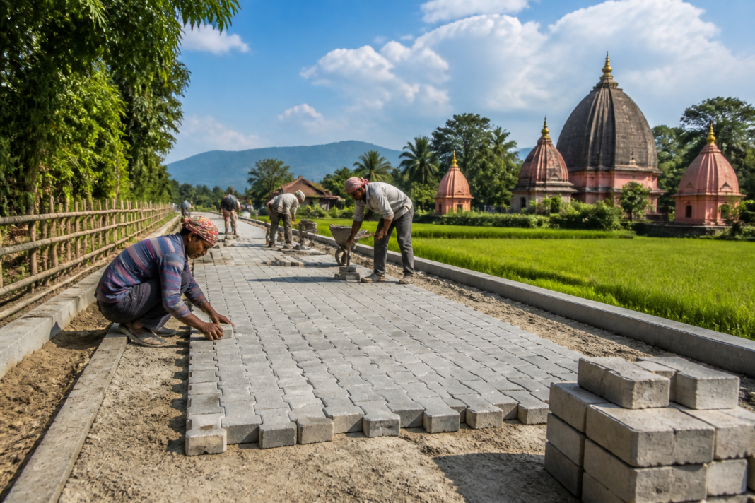Construction of cement concrete block road under progress in Baksa district Assam near local temples