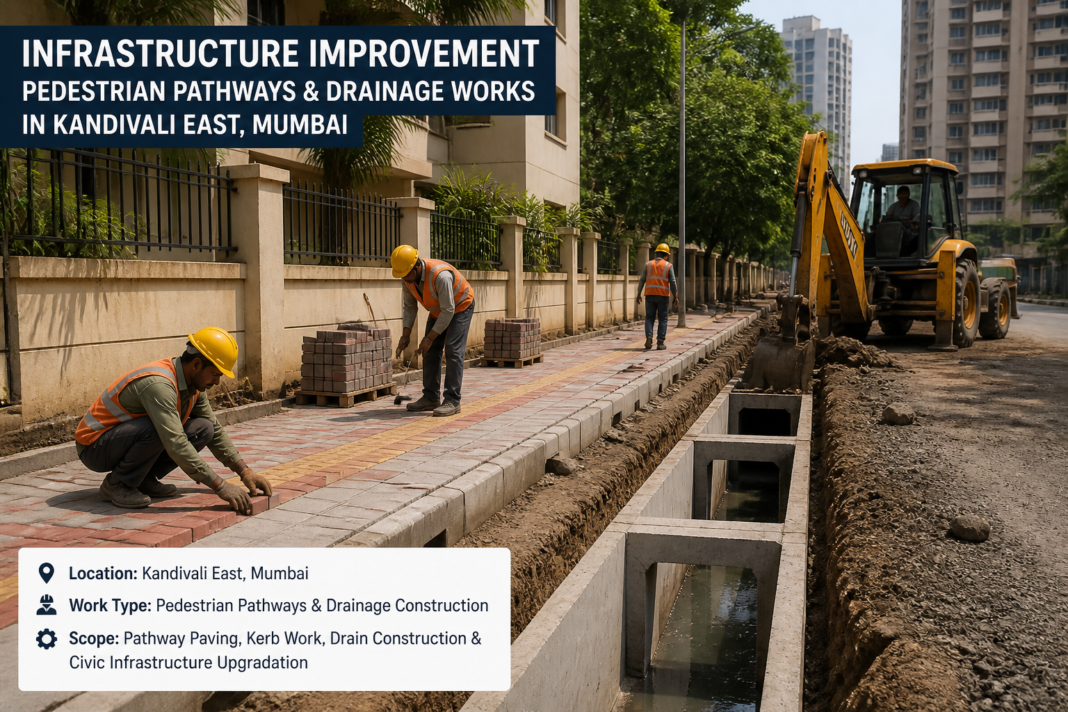 Civil works construction on pathways and drainage in Kandivali East urban residential area