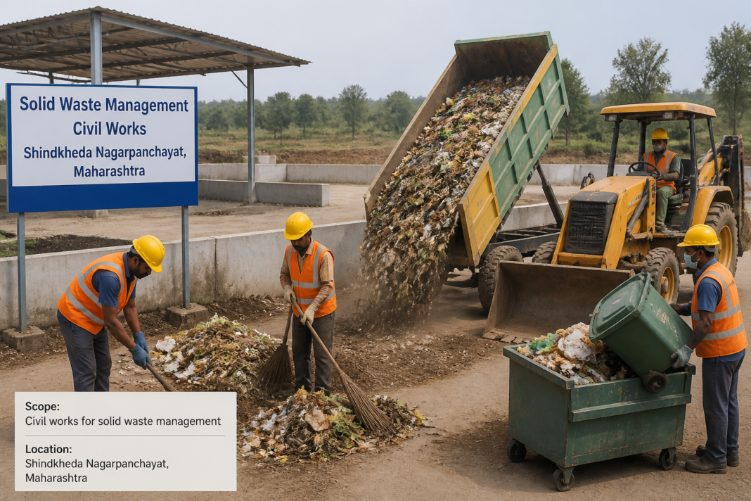 Municipal workers engaged in solid waste management civil works at Shindkheda Nagarpanchayat, Maharashtra
