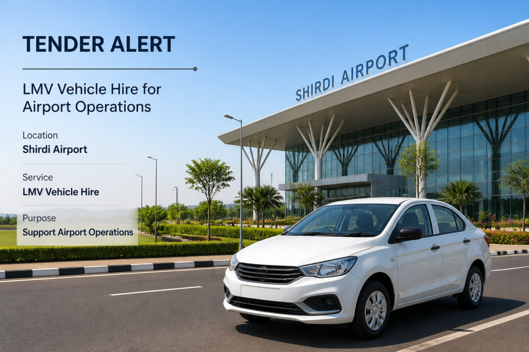 Shirdi Airport with a commercial light motor vehicle parked illustrating tender for LMV vehicle hiring in Maharashtra Airports