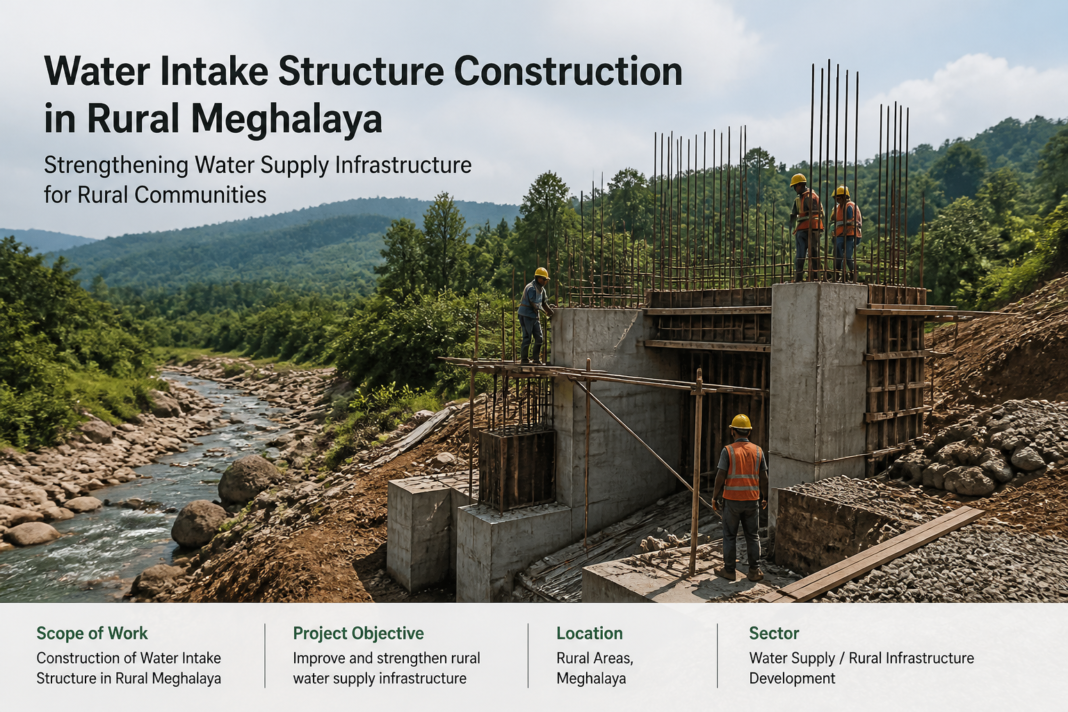 Construction site of water intake structure in rural Meghalaya for Khliehrangnah water supply project