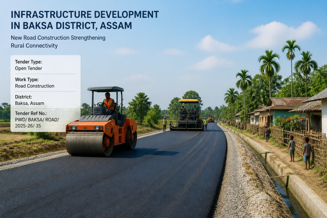 Road construction site in Baksa Assam with construction machinery and local houses, representing the tendered infrastructure project