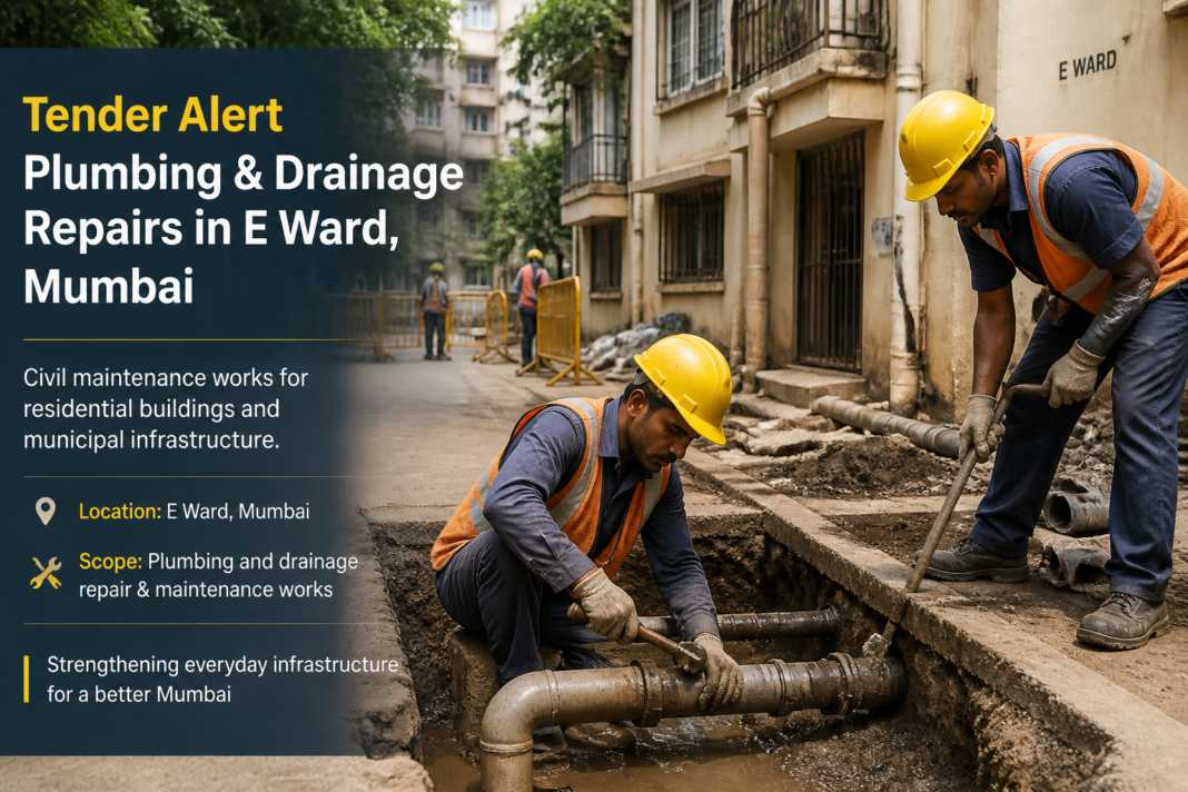Workers repairing plumbing and drainage lines at a residential building in Mumbai's E Ward