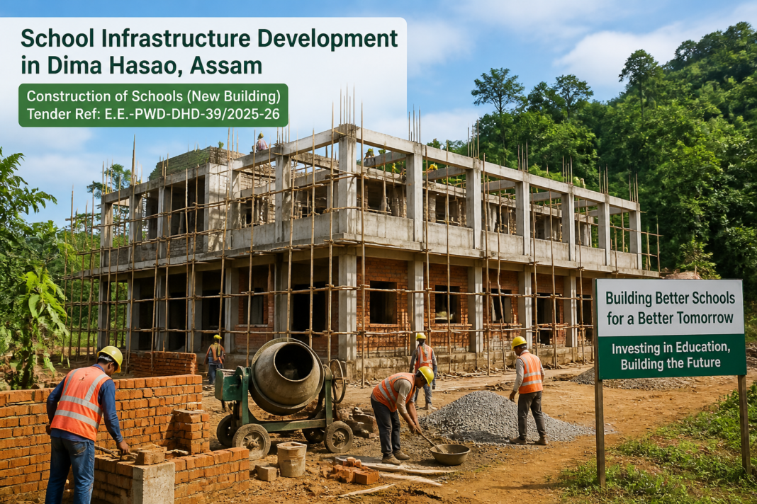 Construction site of additional classroom at J.C Nampui Memorial LP School in Dima Hasao, Assam with workers and scaffolding visible