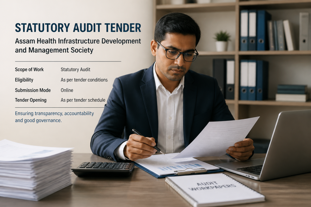 Professional auditor reviewing financial documents representing Assam Health Infrastructure Development and Management Society statutory audit tender
