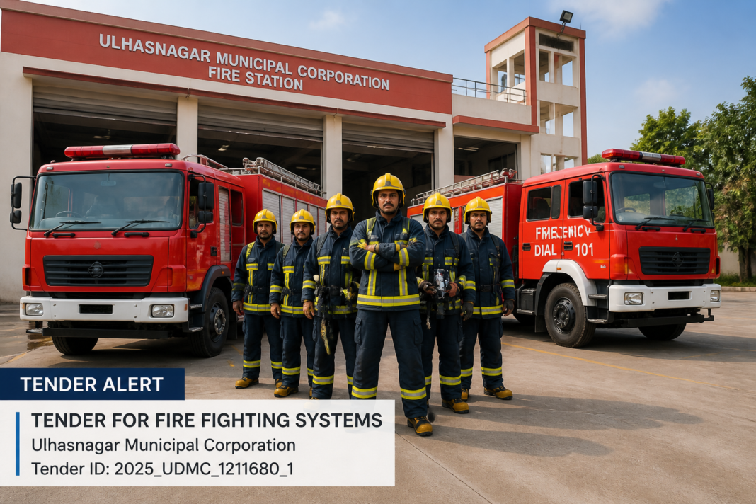 Fire fighters standing near fire trucks at Ulhasnagar Municipal Corporation fire station