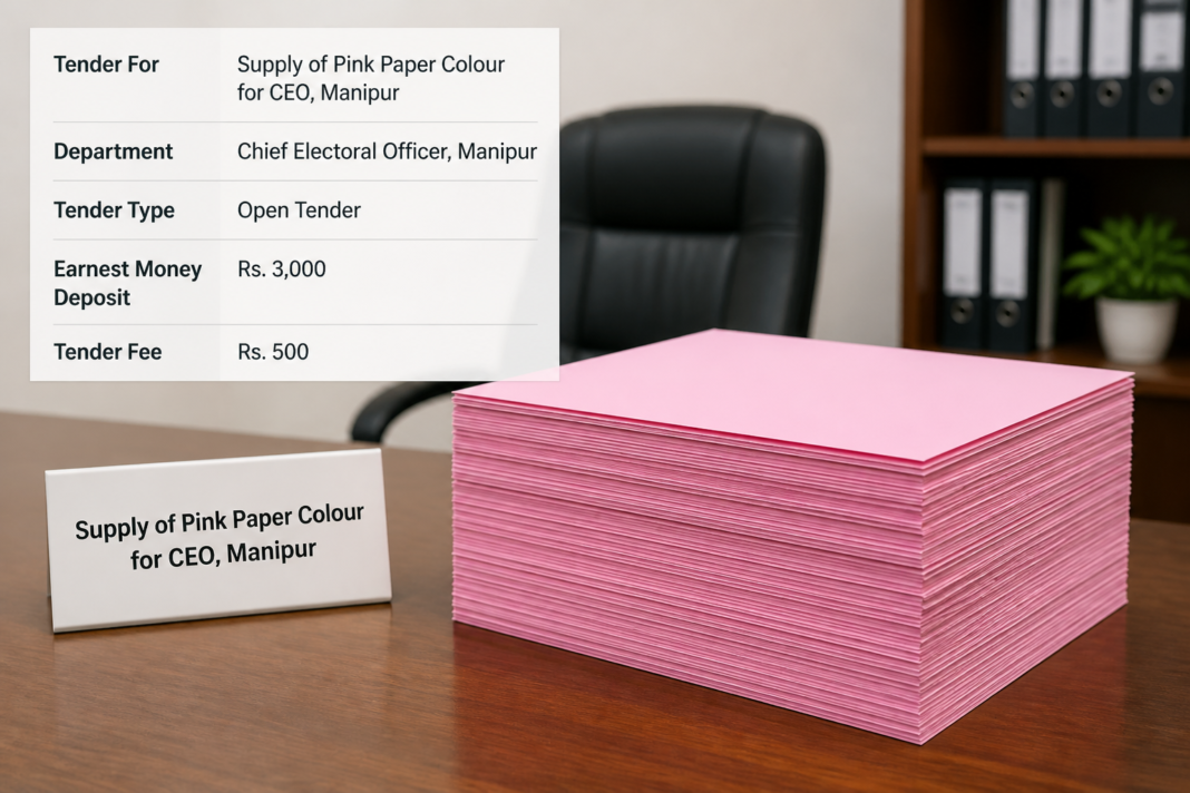 Stacked pink paper sheets symbolizing supply tender for the Manipur Chief Electoral Officer