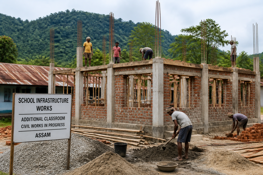Construction site for additional classroom at Kharjanpur Tribal High School, Assam