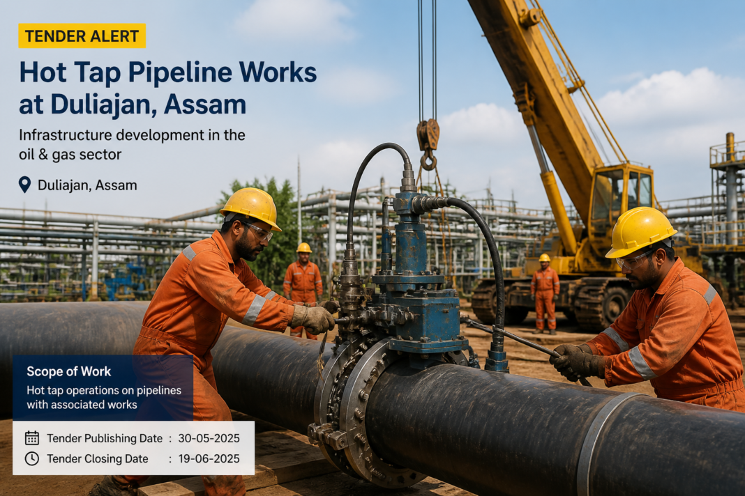 Hot tap pipeline construction works at an oil and gas site in Duliajan, Assam under government tender