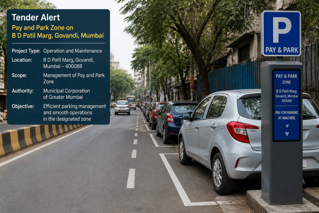 Pay and park area on B D Patil Marg, Govandi highlighting urban parking infrastructure managed by Government of Maharashtra