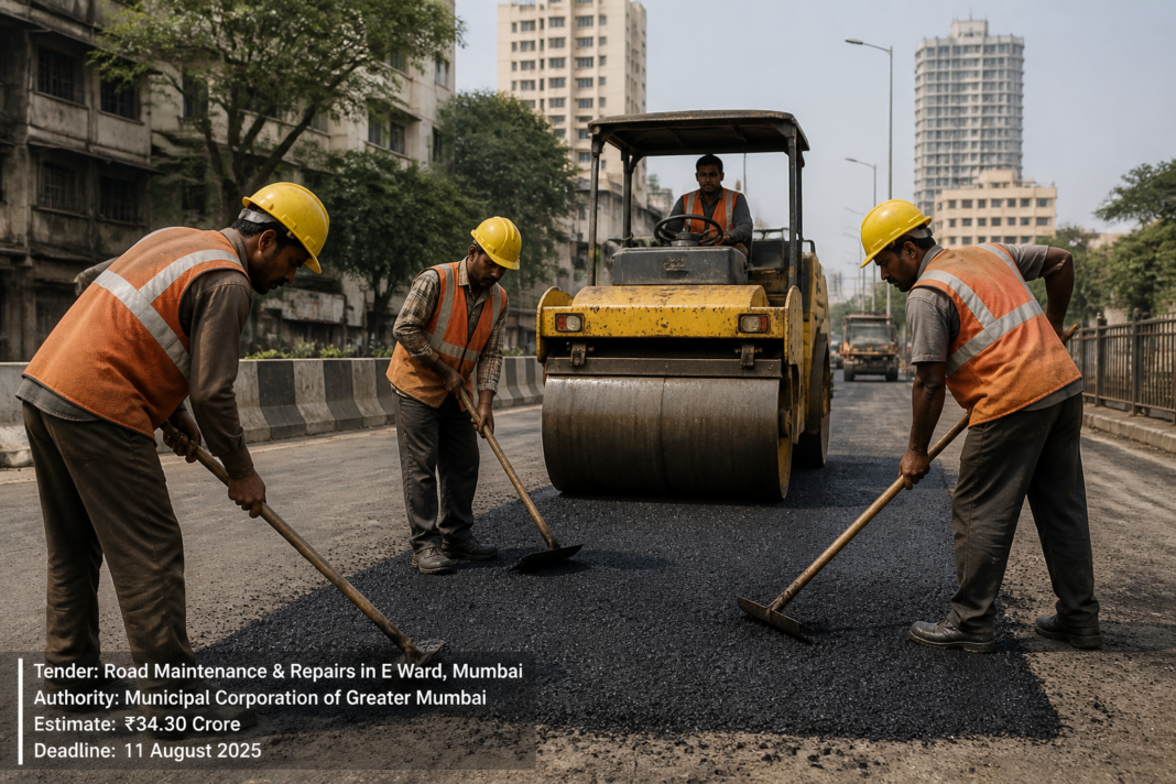 Road maintenance work in Mumbai's E Ward showing construction workers and civil works on city street