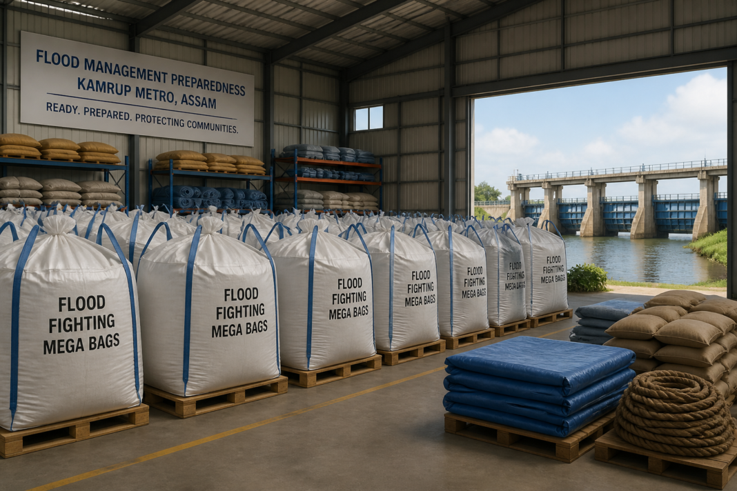 Flood fighting Mega Bags stacked in warehouse near water infrastructure in Kamrup Metro, Assam