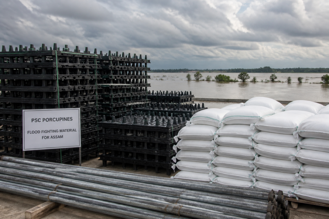 Flood fighting materials PSC Porcupine stacked for Assam government procurement in Kamrup Metro