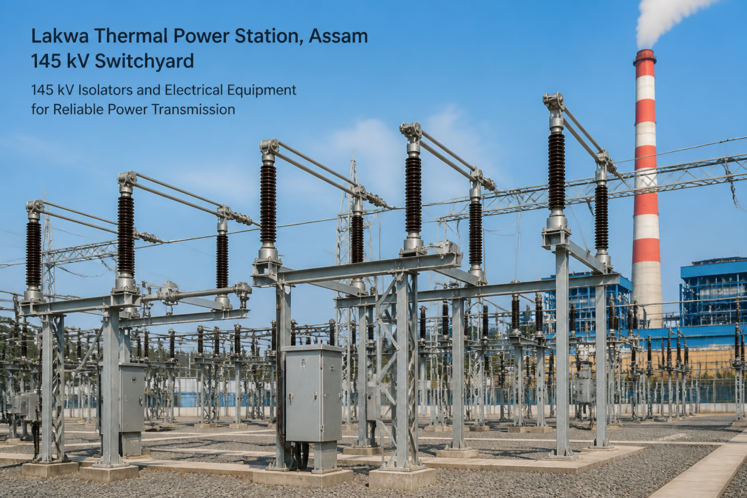 High-voltage electrical switchyard at Lakwa Thermal Power Station featuring 145 kV isolators and infrastructure in Assam