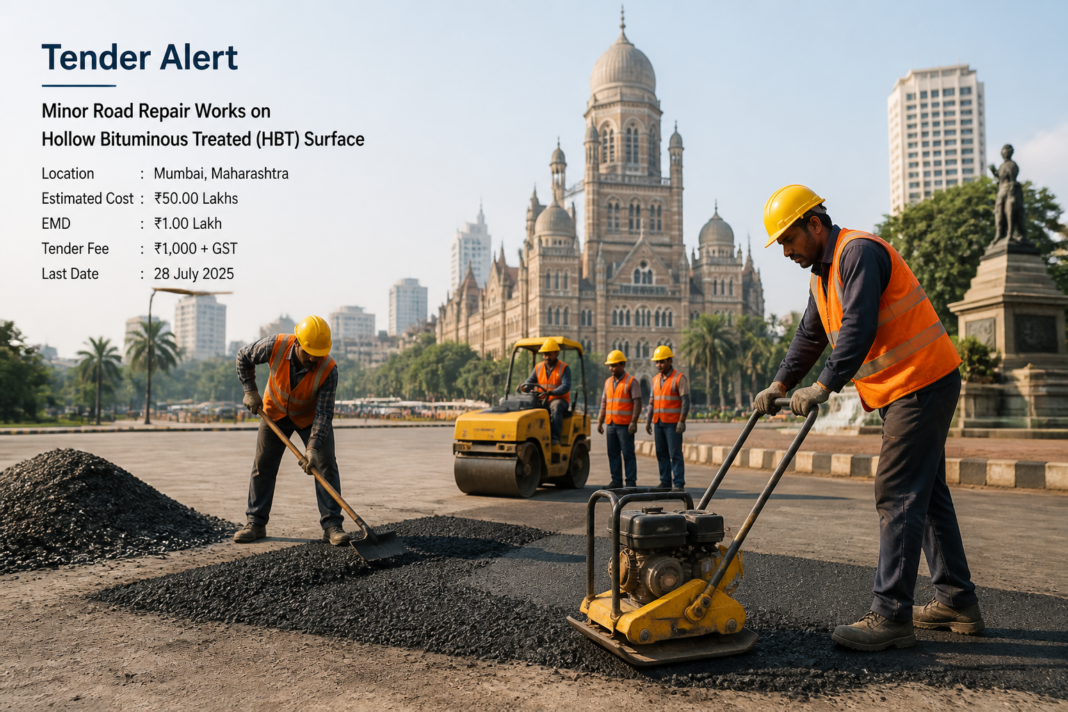 Road repair workers conducting minor HBT surface maintenance at Ramlila Maidan, Andheri, Mumbai