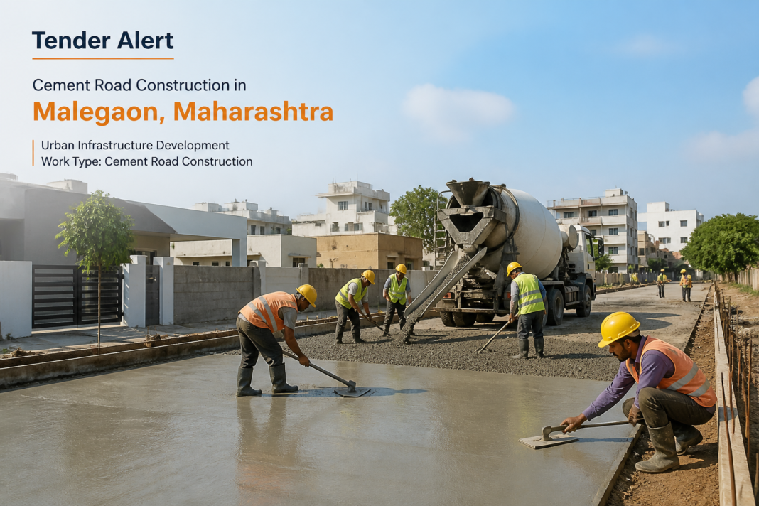 Cement road construction work in progress in Ward No 18, Malegaon Maharashtra under a government tender
