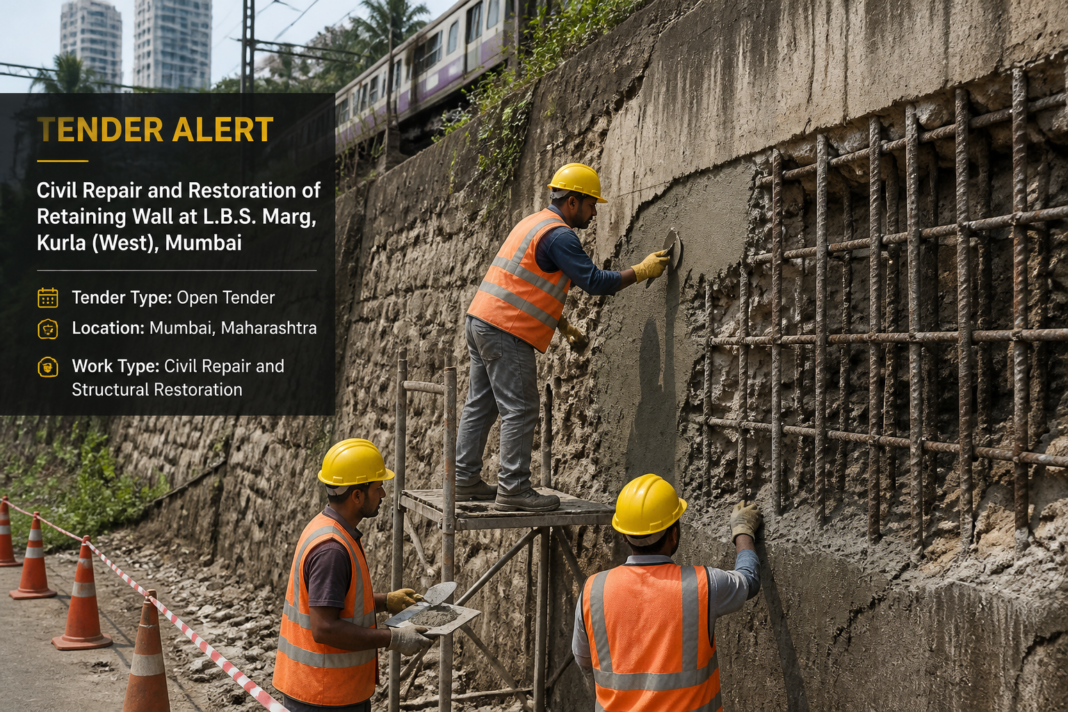 Tender Alert cover showing urban structural repair work on UCR Wall at Mahatma Gandhi Nagar Colony in Mumbai