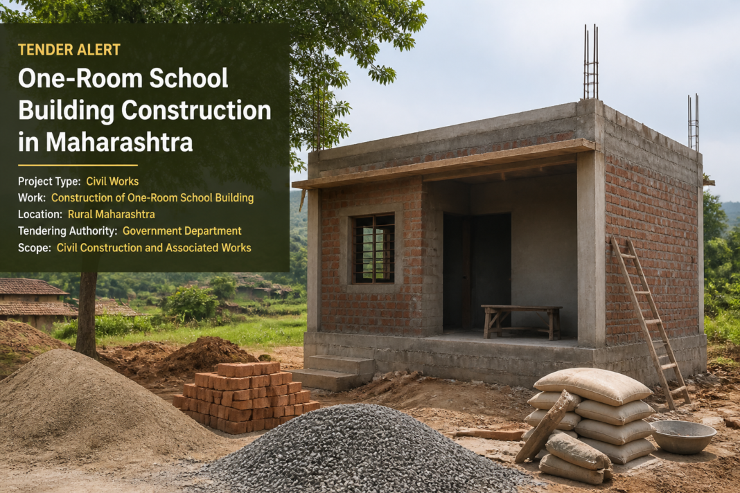 Construction site of one-room school building in rural Maharashtra under government tender